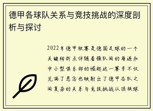 德甲各球队关系与竞技挑战的深度剖析与探讨