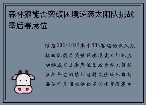 森林狼能否突破困境逆袭太阳队挑战季后赛席位