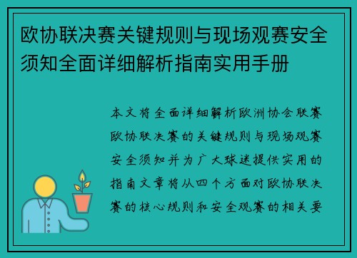 欧协联决赛关键规则与现场观赛安全须知全面详细解析指南实用手册 欧协联决赛关键规则与现场观赛安全须知全面详细解析指南实用手册